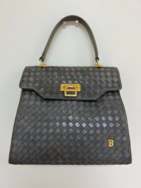 Bally Vintage Woven Leather Top Handle Bag Intrecciato Style Gold Hardware